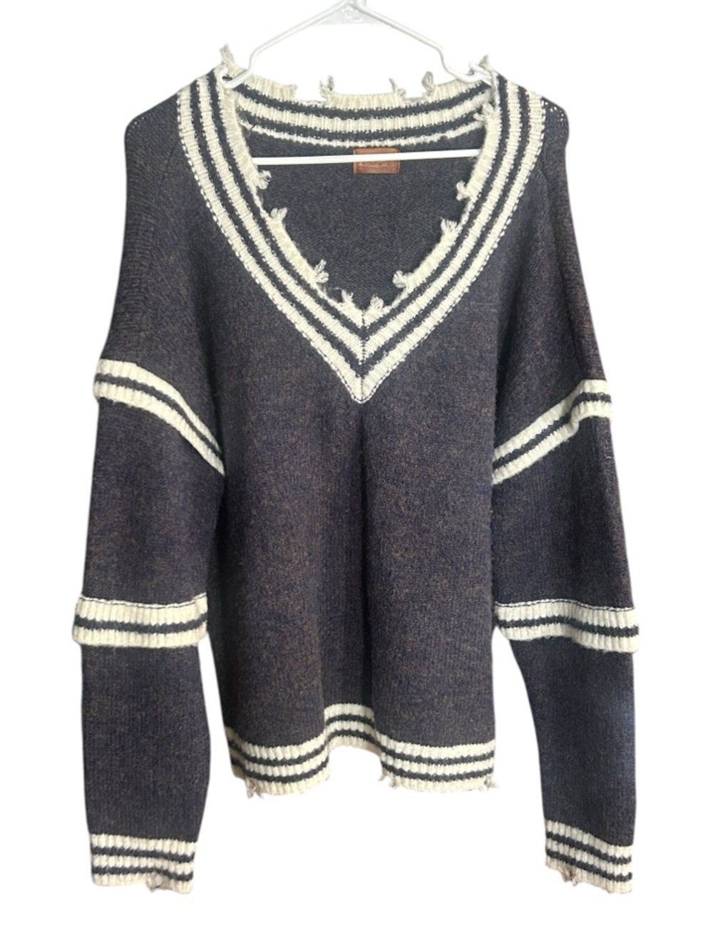POL Blue V-Neck Sweater with Cream Stripe Accents
